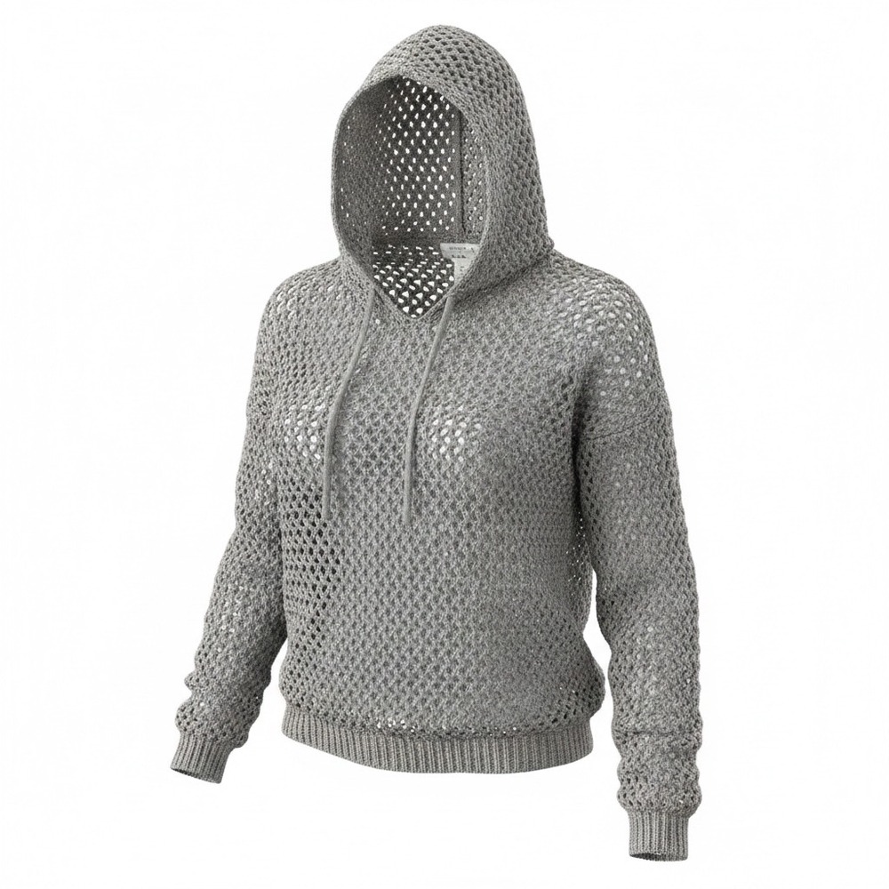 Nicole Miller Artelier Grey Open Knit Crochet Hoodie Sweater Womens Large